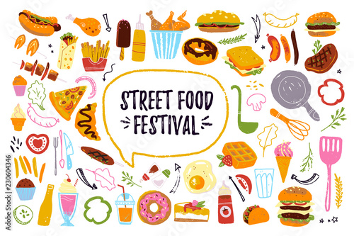 Big vector fast food festival set isolated on white background: burger, dessert, pizza, hotdog, chicken etc. Hand drawn sketch style, chalkboard drawing. Good for menu, banner, poster, flayer design.