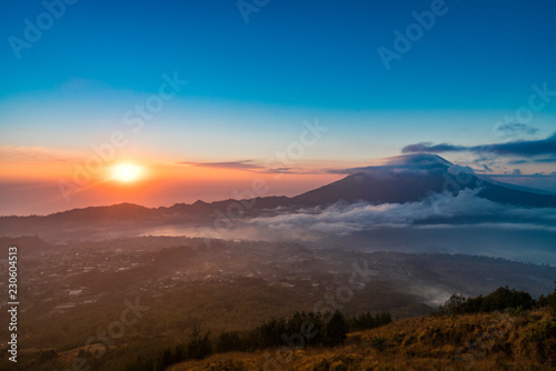 Beautiful landscape view during sunrise from volcano Batur in Bali indonesia