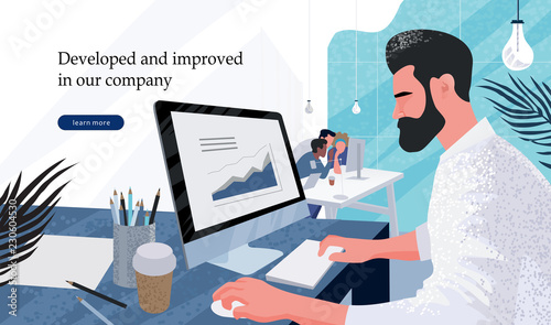 businessman marketer working at the computer in the office, vector flat illustration of programmer, business analyst, designer, manager