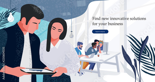 Vector flat illustration of workflow in the office, a group of businessmen working at the computer, and another part of marketers discussing marketing solutions and business plans.