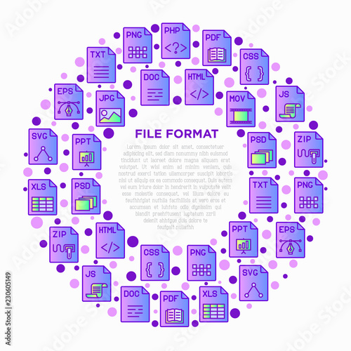 File formats concept in circle with thin line icons: doc, pdf, php, html, jpg, png, txt, mov, eps, zip, css, js. Modern vector illustration, print media template.