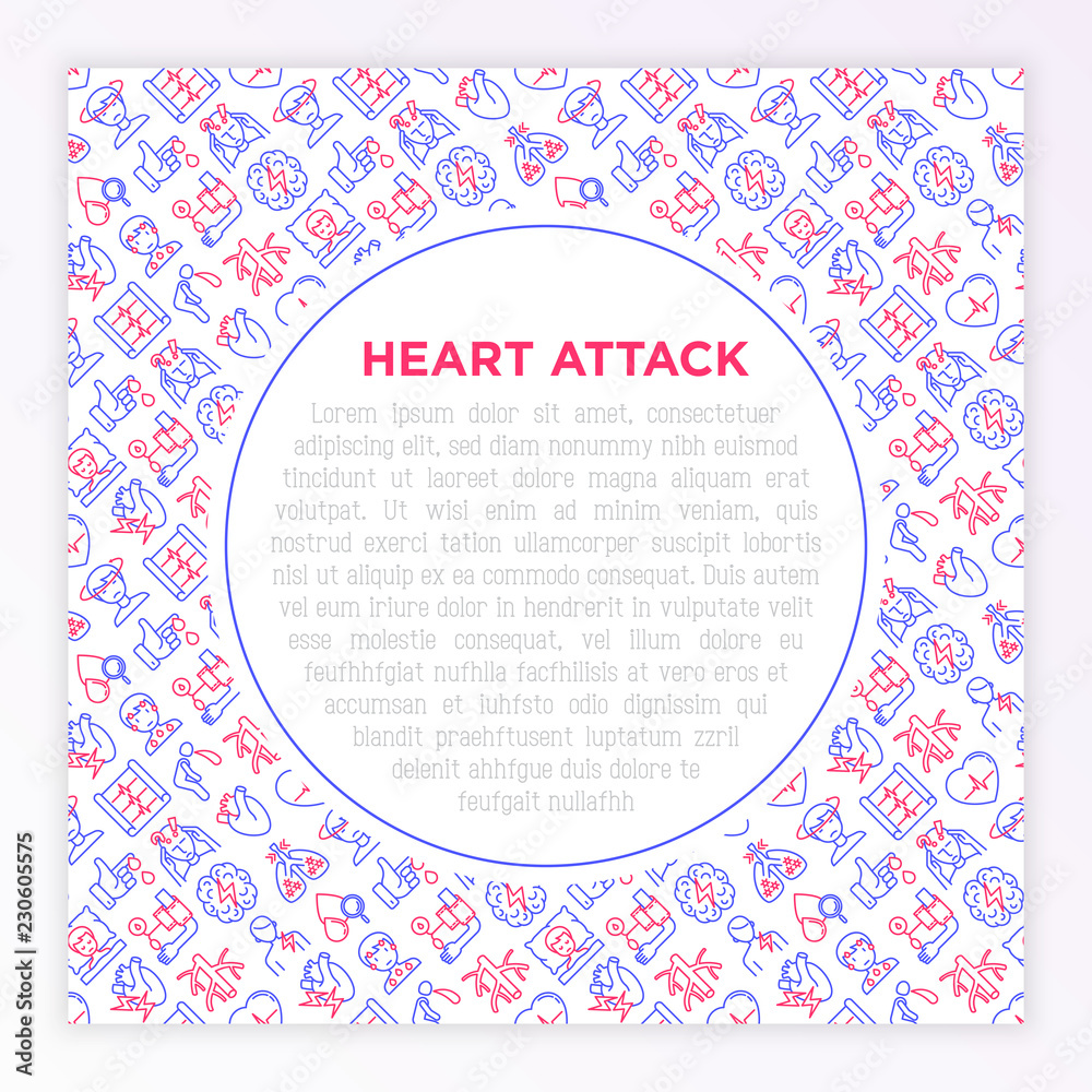 Heart attack symptomps concept wiht thin line icons: dizziness, dyspnea, cardiogram, panic attack, weakness, acute pain, cholesterol level, nausea, diabetes. Vector illustration, print media template. Heart attack symptomps concept wiht thin line icons: dizziness, dyspnea, cardiogram, panic attack, weakness, acute pain, cholesterol level, nausea, diabetes. Vector illustration, print media template.