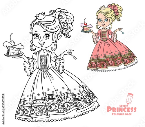 Beautiful little princess with delicious cake on a plate color and outlined for coloring book isolated on white background