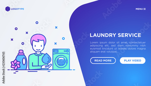 Laundry service concept: man using washing machine and fabric softener. Thin line icons.  Modern vector illustration, web page template.