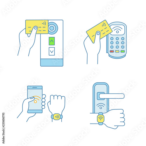 NFC technology color icons set