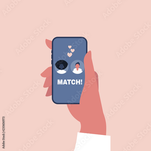 Dating service, mobile application. Hand holding a smart phone. Love and relationships. Interracial couple. Flat editable vector illustration, clip art