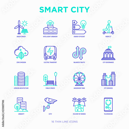 Smart city thin line icons set: green energy, intelligent urbanism, efficient mobility, zero emission, electric transport, balanced traffic, public spaces, CCTV, telemedicine. Vector illustration.