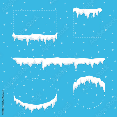 Snow ice icicle set for square, circle, ellipse and rectangle forms. Winter snow caps with ice. Winter decor. Christmas concept. Vector illustration in flat style.