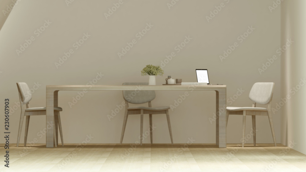 Dining area or workplace in coffee shop and restaurant minimal design - Blur focus - 3D Rendering