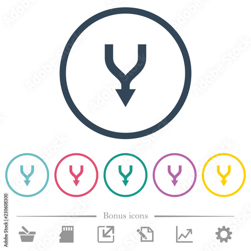 Merge arrows down flat color icons in round outlines