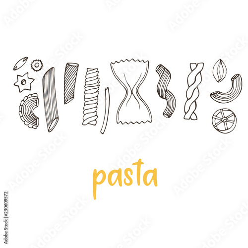 Hand drawn pasta collection. Vintage line art macaroni illustration. Isolated italian food for menu design. Sketch set of types pasta.