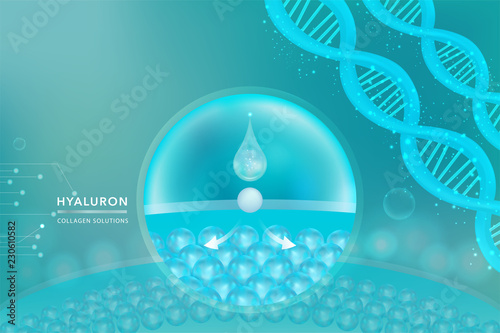 Hyaluronic acid skin solutions ad, blue collagen serum drop with cosmetic advertising background ready to use, vector illustration.