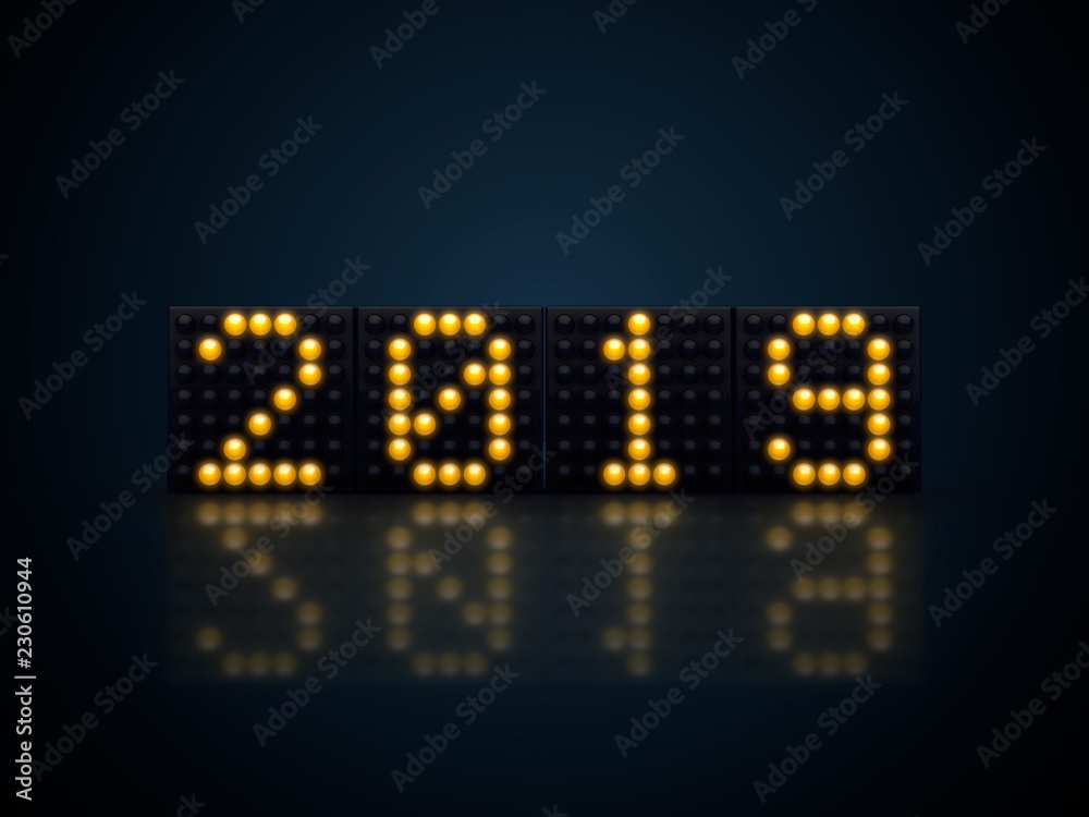 2019 new year on yellow led display glowing in the dark