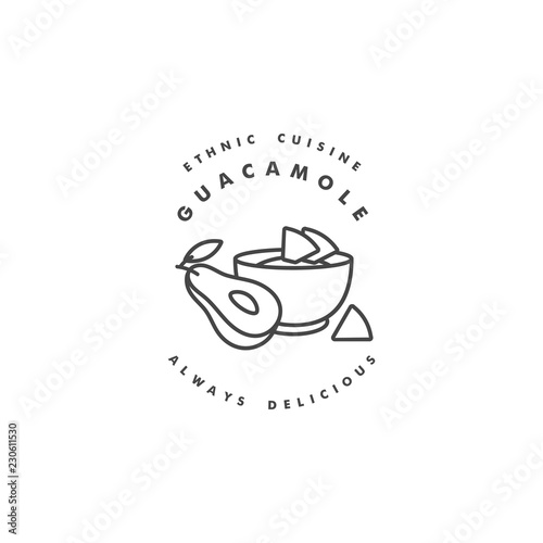 Vector design templates logo and emblem - gluacamole and nachos. Avocado sauce and avocado one cut in half. Logos in trendy linear style isolated on white background.