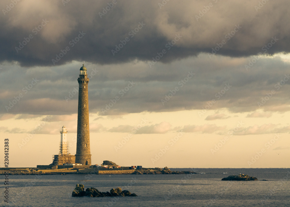 Vierge Island Lighthouse at sunrise, Brittany, France