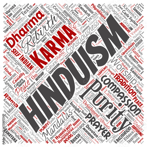 Vector conceptual hinduism, shiva, rama, yoga square red word cloud isolated background. Collage of mandalas, samsara, celebration, tradition, peace, compassion, rebirth, karma, dharma concept