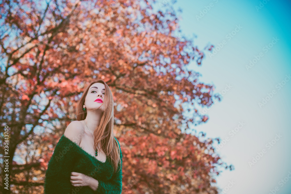 Concept of women's loneliness. Alone girl at forest, sad mood, depression, feelings Concept of women's loneliness. Alone girl at forest, sad mood, depression, feelings