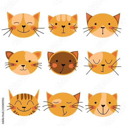 Cat icon set. Smiling cat, happy cat, serious cat, sad cat, unhappy cat