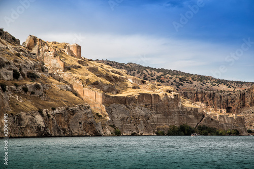 Landscape of Rumkale in the foreground Euphrates River. Halfeti and Rumkale are a touristic areas between Gaziantep and Sanliurfa in Turkey.