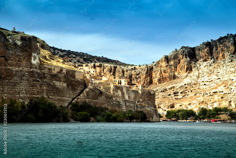 Landscape of Rumkale  in the foreground Euphrates River. Halfeti and Rumkale are a touristic areas between Gaziantep and Sanliurfa in Turkey.