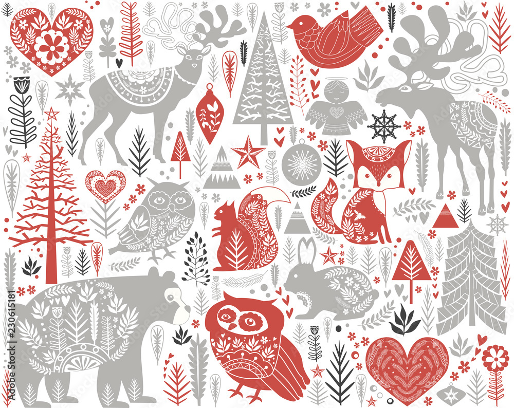 Cute Christmas pattern in Scandinavian style. Editable vector illustration