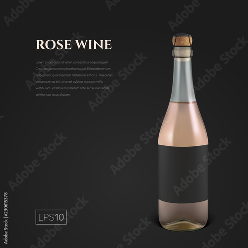 Photorealistic bottle of rose sparkling wine on a black background. Mock up transparent bottle of wine. Template for presentation in a minimalist style.