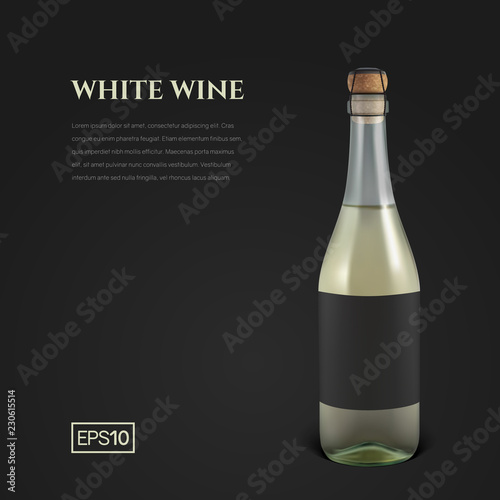 Photorealistic bottle of white sparkling wine on a black background. Mock up transparent bottle of wine. Template for presentation in a minimalist style.