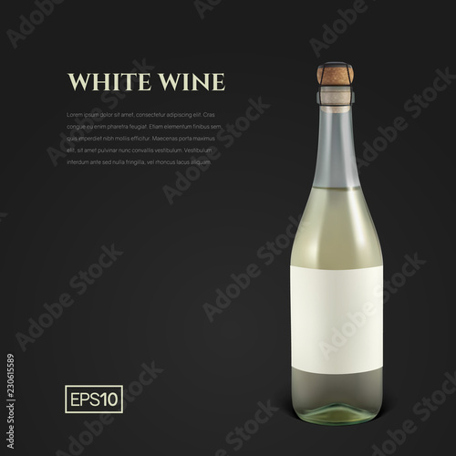 Photorealistic bottle of white sparkling wine on a black background. Mock up transparent bottle of wine. Template for presentation in a minimalist style.