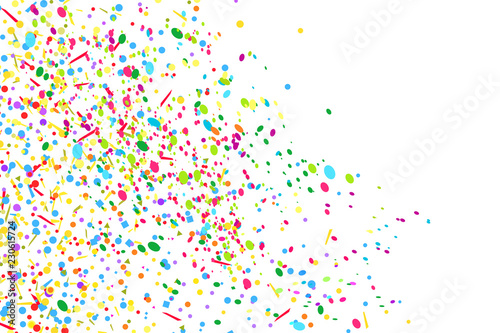Confetti on white. Texture with many geometric elements on isolated background. Pattern for polygraphy, banners, t-shirts and textiles. Greeting cards