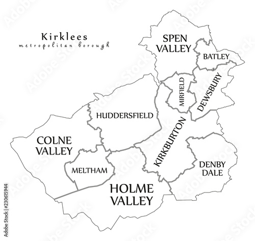 Modern City Map - Kirklees metropolitan borough of England with areas and titles UK outline map