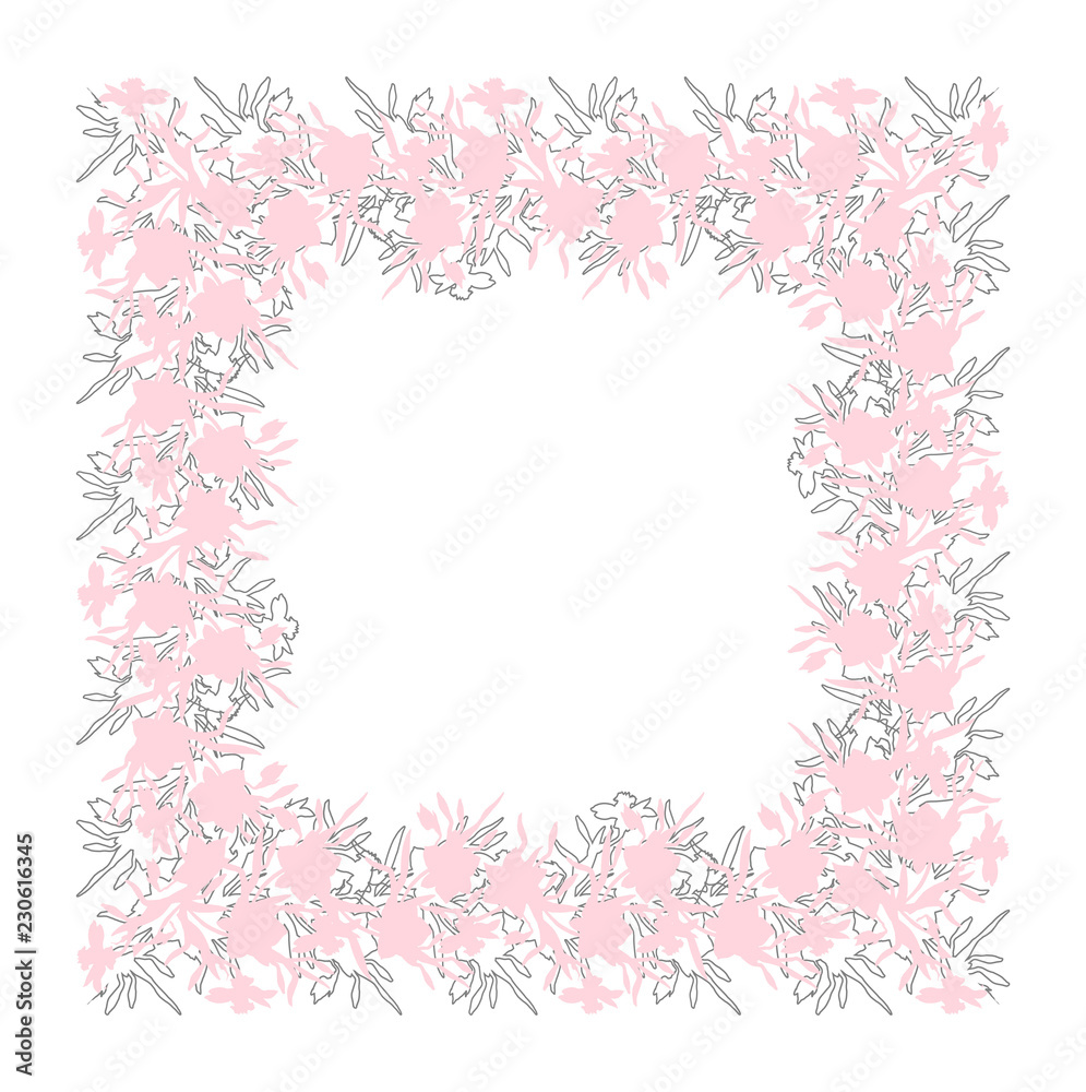 Floral square ornament with contour hand drawn flowers daffodils, narcissus. Monochrome floral elements on white. For wedding diesign, greeting card mockup.