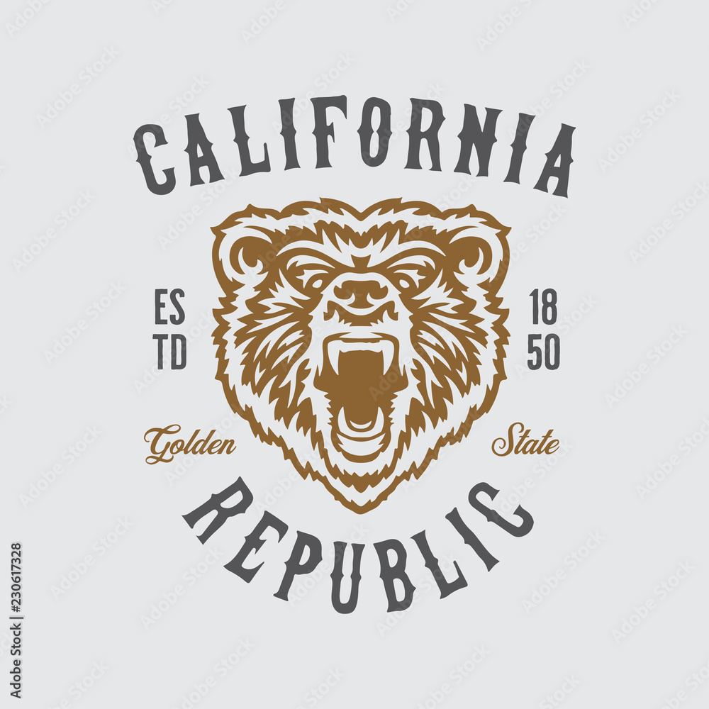Fototapeta premium California republic t-shirt design with grizzly bear head. Vector vintage illustration.
