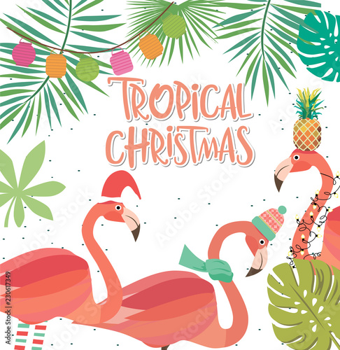 Tropical Christmas greeting card with plant and flamingo. Editable vector illustration