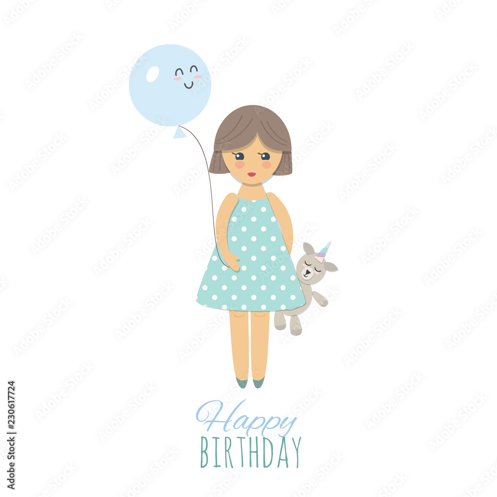 Cute little girl with toy unicorn isolated on white. For greeting card, notebook cover or kids clothes design. Cute little girl with toy unicorn isolated on white. For greeting card, notebook cover or kids clothes design.