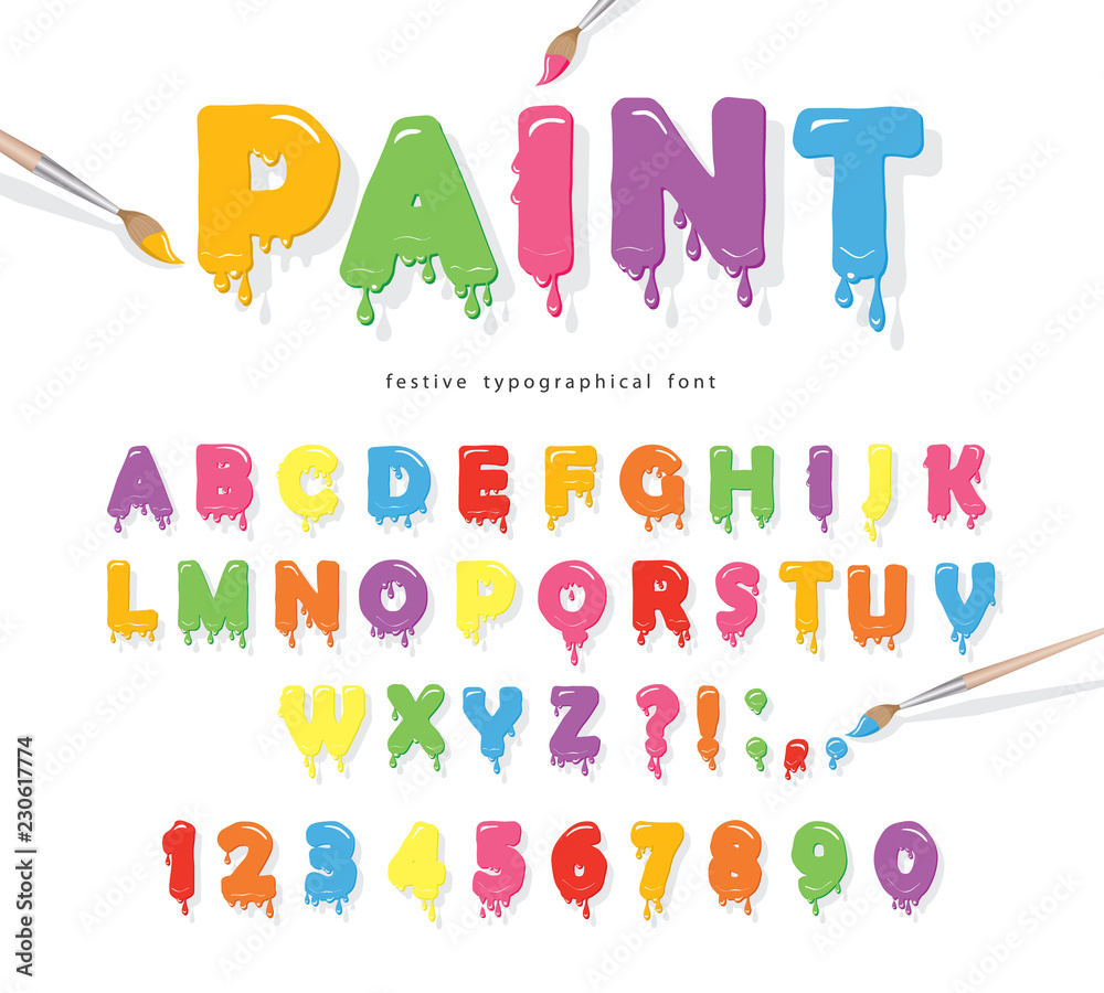 Naklejka premium Paint flow colorful font. Cute funny cartoon letters and numbers.