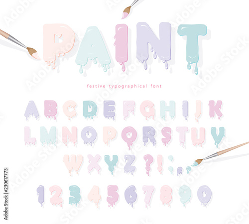 Paint flow colorful font. Cute funny cartoon letters and numbers.