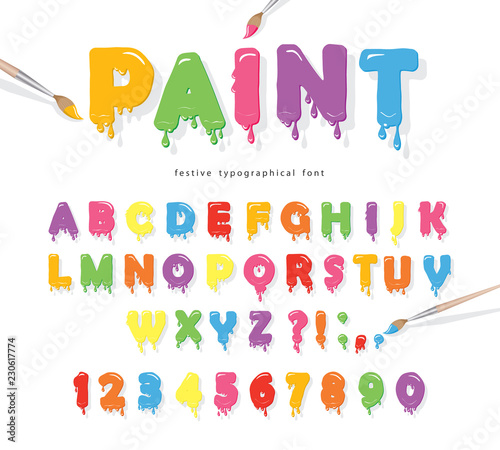 Paint flow colorful font. Cute funny cartoon letters and numbers.