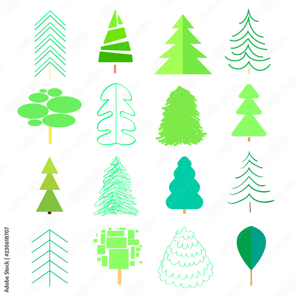 Green trees and christmas trees on white. Set for icons on isolated background. Geometric art. Universal collection for trendy design Green trees and christmas trees on white. Set for icons on isolated background. Geometric art. Universal collection for trendy design