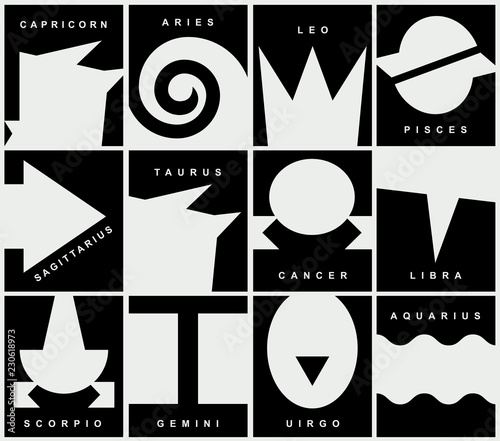 Vector set of twelve signs of the zodiac in a primitive style. Black and white abstract icons with names for astrological horoscopes.