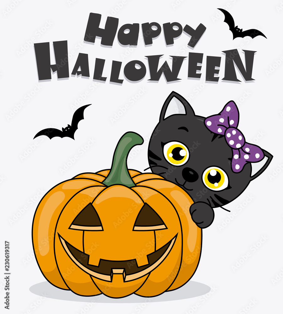 happy halloween card. Pumpkin with black cat happy halloween card. Pumpkin with black cat