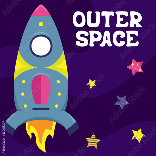 Cartoon vector flat illustration with a spaceship. Outer space.
