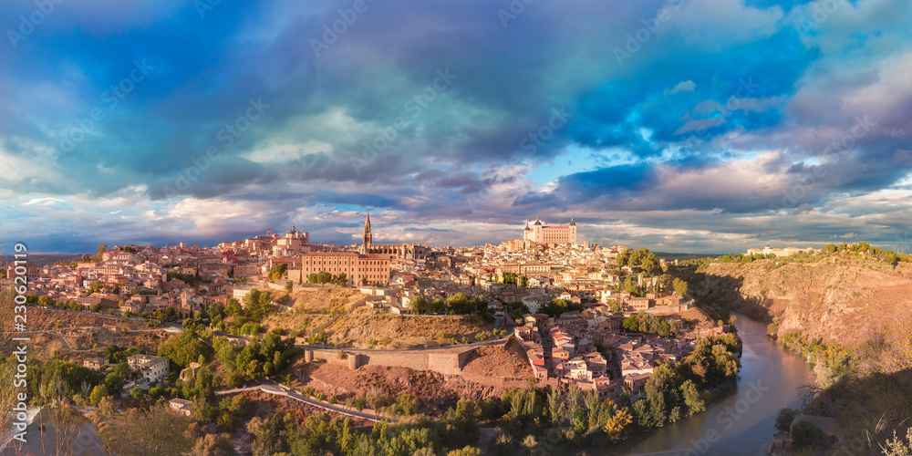 Panorama of Old city of Toledo and river Tajo in the evening, Castilla La Mancha, Spain
