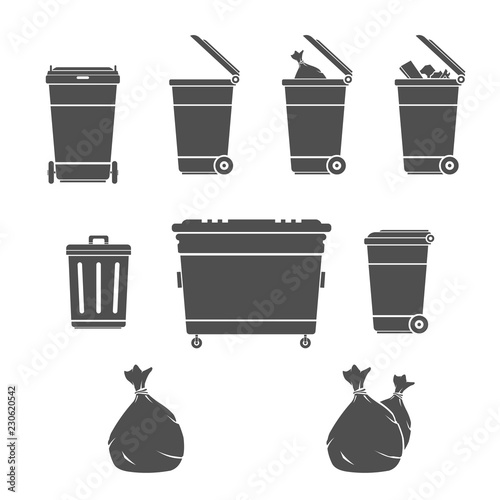 Garbage Bins Illustration Set silhouette.