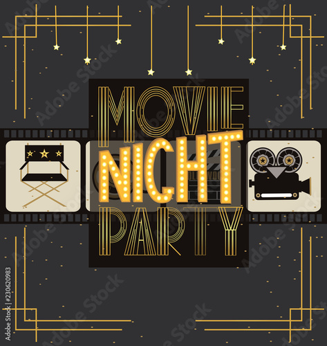 Night Movie party invitation card, birthday party invitation or poster. Editable vector illustration