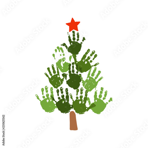 Christmas tree of handprints with red star. Watercolor acrylic kids Christmas art. Children Christmas crafts. Family Christmas card design. Vector eps 10 illustration isolated on white .