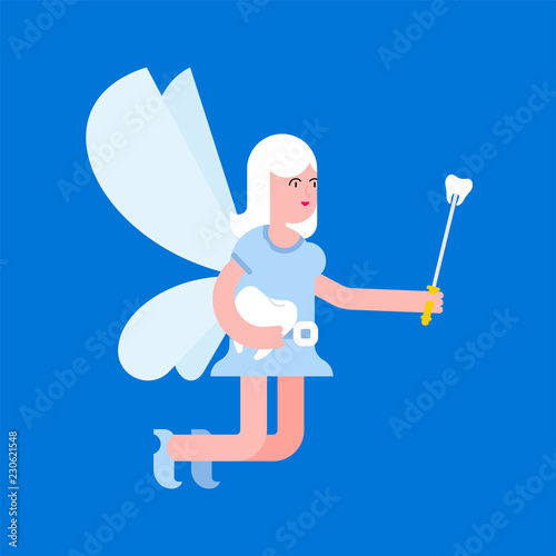 Tooth Fairy isolated. Coin exchange for tooth. Little magical woman. Tiny creature with wings. Flying Mythical fabulous character and magic wand