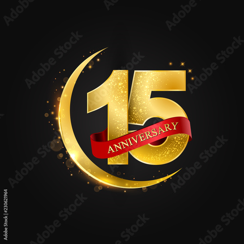 Eid al Adha 15 years anniversary.Pattern with arabic golden, gold half moon and glitter.Vector illustration of greeting cards, covers, prints.