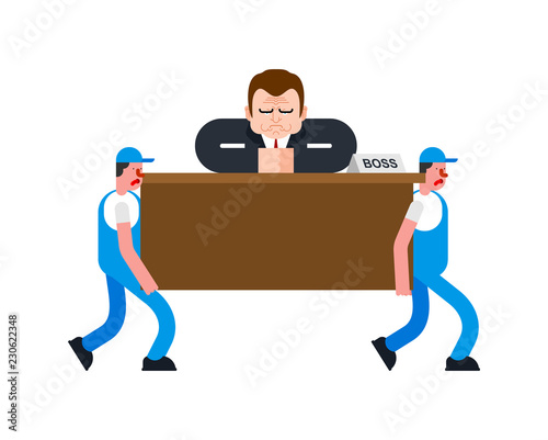 Movers and boss on table. Porters carry Businessman at desk. Delivery service. Loader mover man holding. Moving Vector illustration