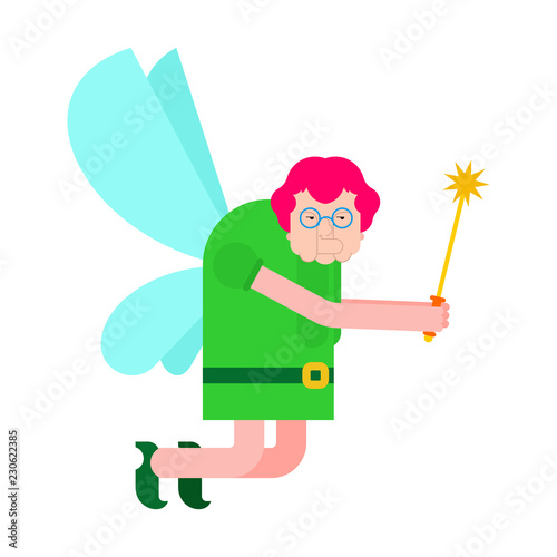 Old Fairy isolated. Grandmother magical. Tiny creature with wings. Flying Mythical fabulous character and magic wand