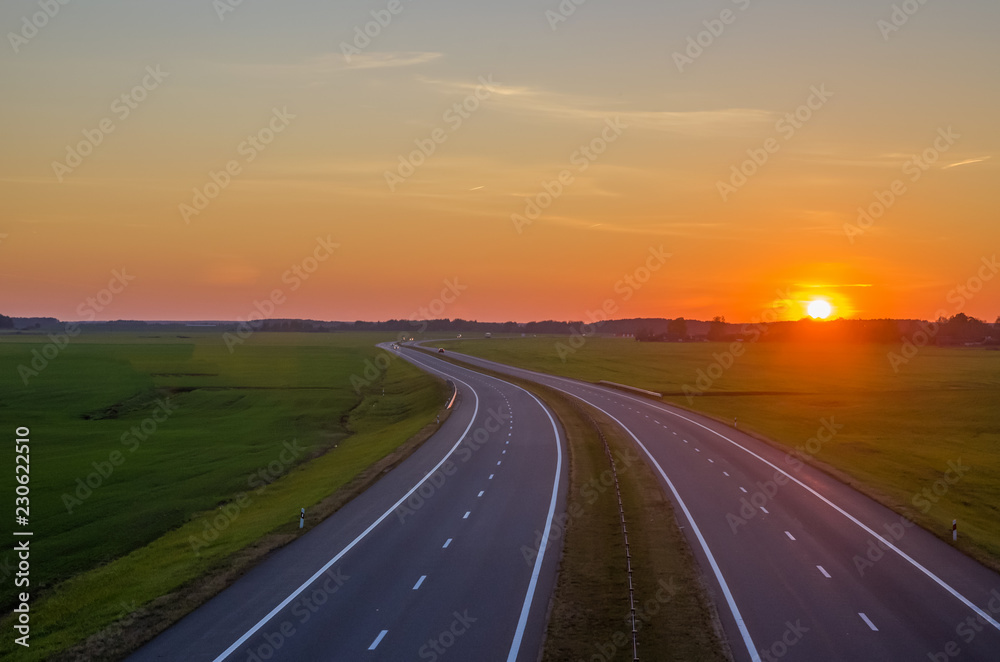 Highway, sunset, top view